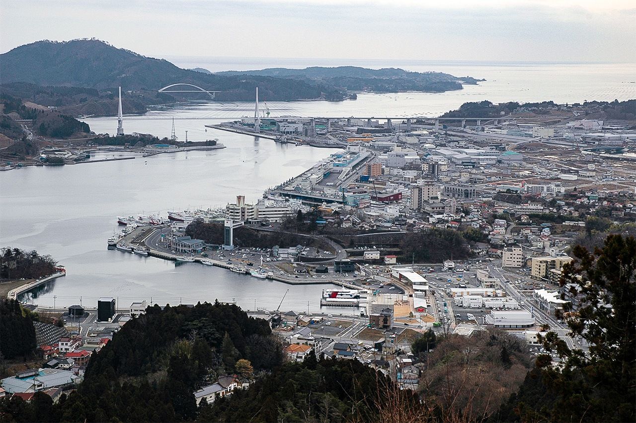 Reconstruction work around Kesennuma Bay is nearing completion, as seen from Mount Anba.