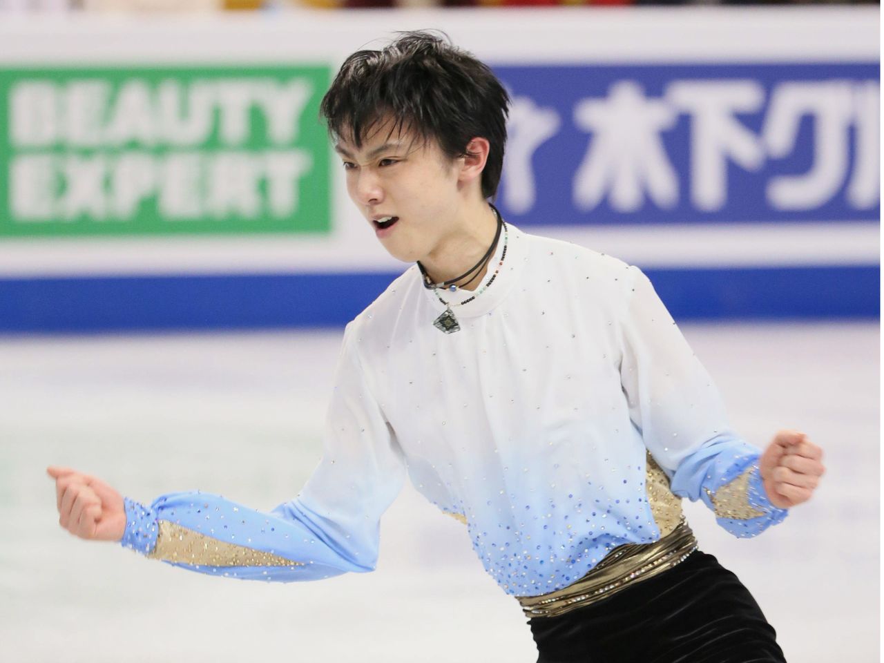 Hanyū Yuzuru skating in the short program during the World Championships in...