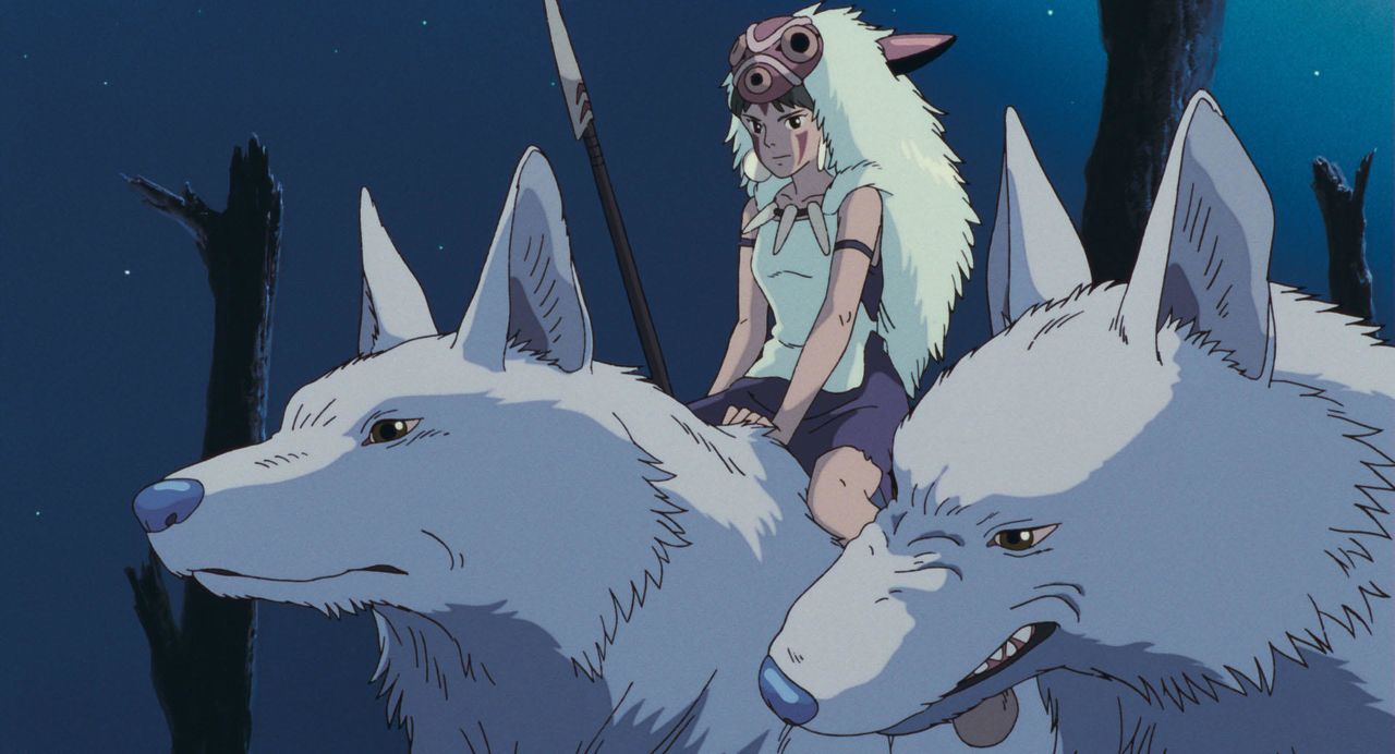 Protagonist San with her wolves in Princess Mononoke. (© Studio Ghibli)