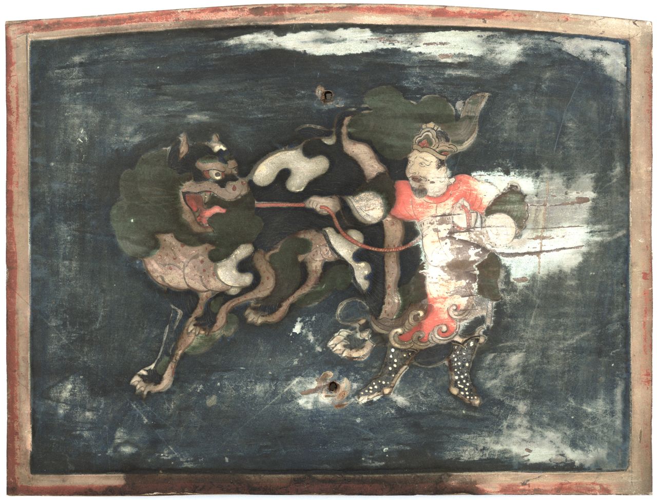A depiction of Udennō (Udayana) with a lion. It was created in around 1554. (Courtesy Tokyo National Museum)