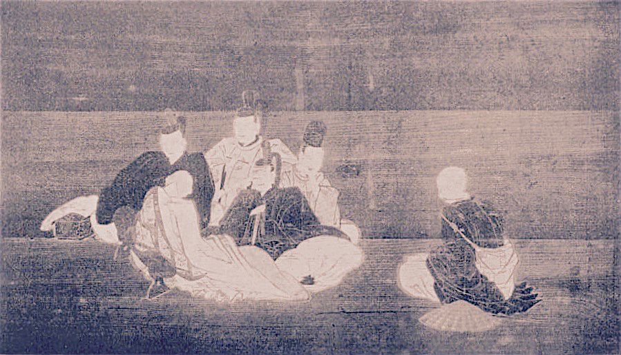 An ema from 1787 at Kotohiragū Shrine depicting the Rokkasen, six notable mid-ninth century Japanese poets, including Ariwara no Narihira and Ono no Komachi. From the Kotohiragū ema kagami compilation of ema at Kotohiragū Shrine. Courtesy the National Diet Library).