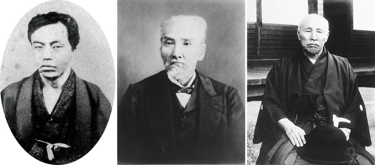 The Saga domain school Kōdōkan had distinguished alumni who became important leaders in the Meiji period (1868–1912). From left: Etō Shinpei, Soejima Taniomi, and Ōkuma Shigenobu, who was twice prime minister. (Courtesy National Diet Library)