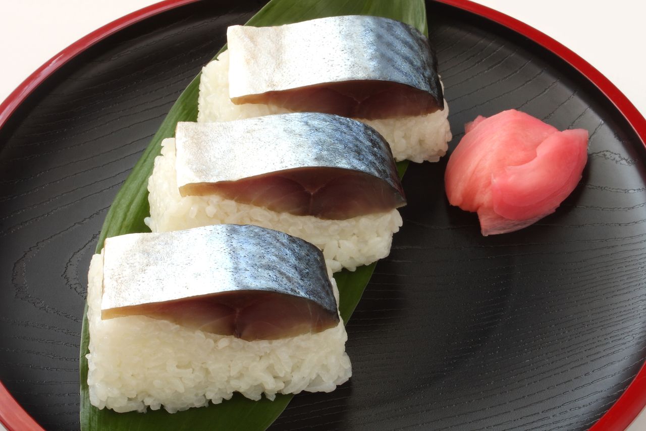 Saba oshizushi (pressed sushi) made from layers of marinated horse mackerel and sushi rice.