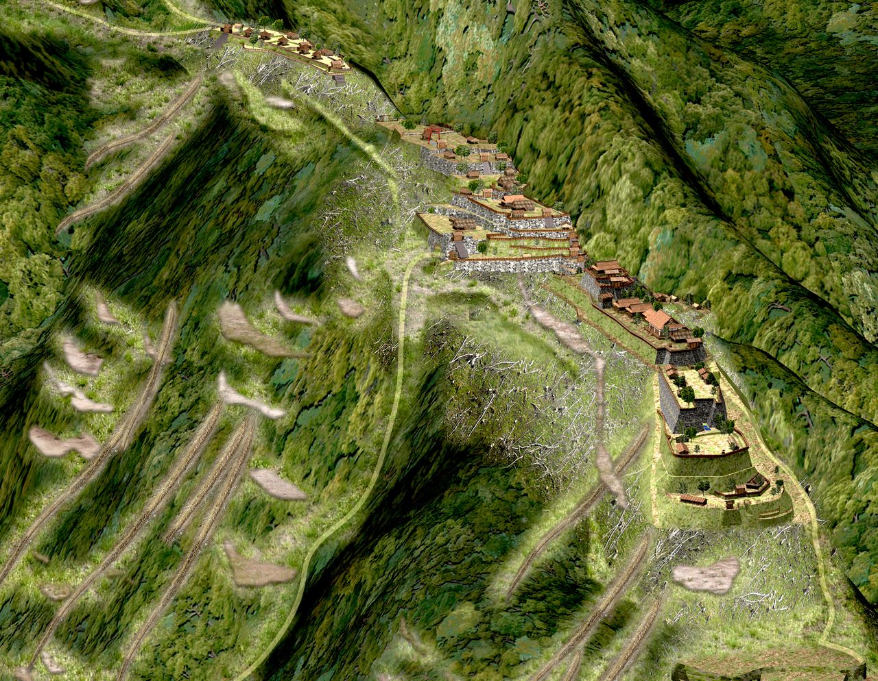 This computer-generated image is a reconstruction of Odani Castle in Nagahama, Shiga Prefecture, the residence for the Azai clan for three generations. It shows how the fortifications on the ridges were connected. The castle was abandoned after Azai Nagamasa was defeated by Oda Nobunaga. (Computer graphics courtesy of Naruse Kyōji)