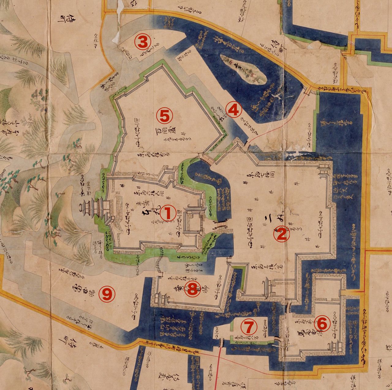 Odawara Castle in Kanagawa Prefecture as it appeared on the illustrated castle town map Shōhō shiro ezu drawn up in 1644. The number 1 indicates the honmaru, 2 the ninomaru, and 3 to 9 the other surrounding kuruwa. (Courtesy National Archives of Japan)