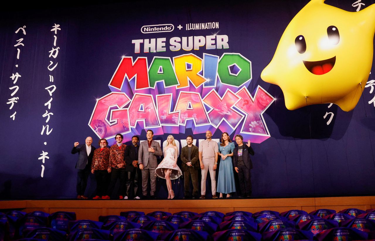 Mario creator Miyamoto Shigeru (right) is among the big names attending the world premiere of The Super Mario Galaxy Movie in Kyoto on March 28, 2026. (© Reuters/Manami Yamada)