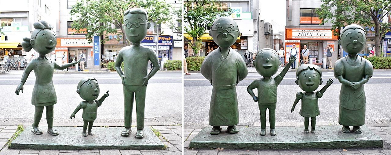 Statues of characters stand outside Sakura-shinmachi Station on the Tōkyū Denentoshi Line.