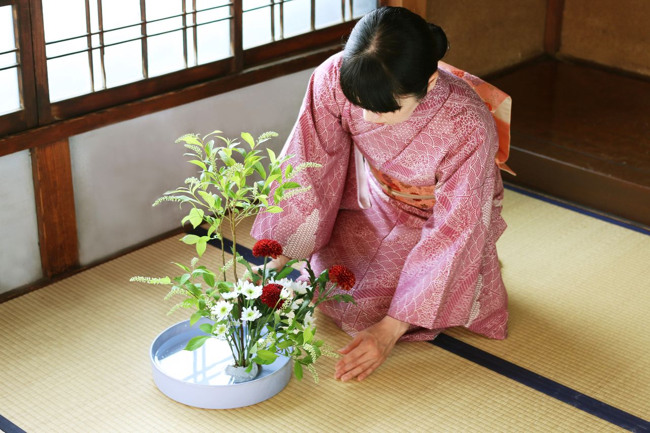 A Japanese flower arrangement in a broad container. (© Pixta)
