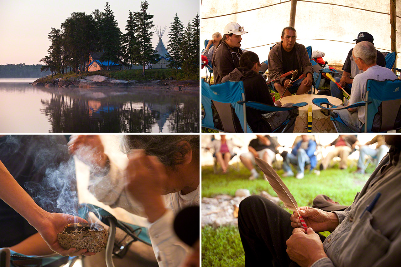 Clockwise from upper left: A Healing Camp on Weaver Lake; singing with the drumbeat; taking an eagle feather in hand to speak during the morning gathering; smudging, or spiritual cleansing using burning sage. (2010)