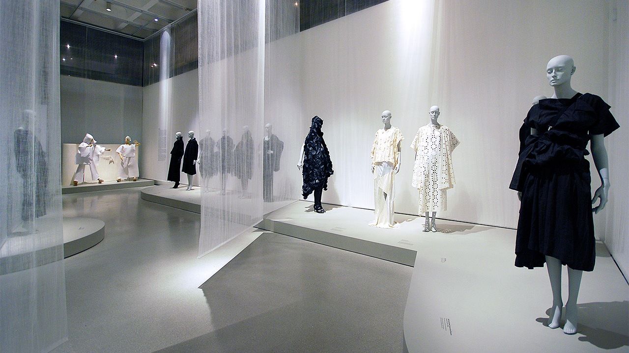 Works by Rei Kawakubo, Yohji Yamamoto, and Issey Miyake at exhibit Future Beauty: 30 Years of Japanese Fashion held at the Barbican Art Gallery in London, 2010–11. (© Lyndon Douglas)