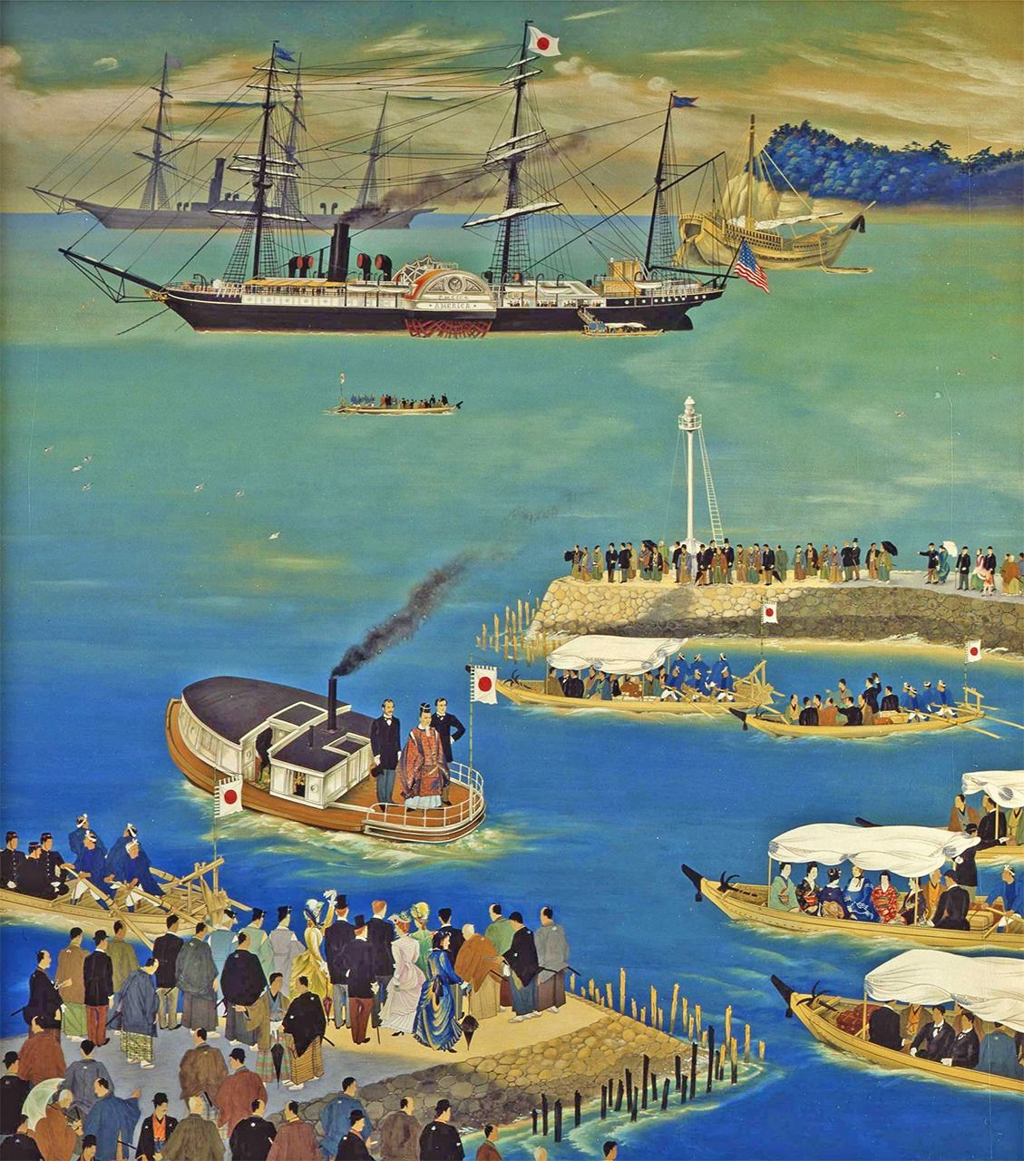 <em>Iwakura taishi Ōbei haken</em> (The Iwakura Mission to America and Europe) by Yamaguchi Hōshun. The SS America in the background is the steamship that transported the group. (Courtesy Meiji Memorial Picture Gallery)