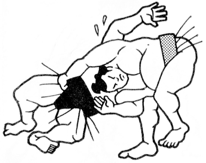 Zubuneri (head pivot throw): Placing the head against the opponent’s chest or shoulder and grasping his extended arm or elbow to pull him to the ground with a pivoting motion of the head.