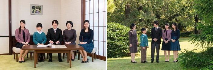 The crown prince’s household. Top picture, from left: Princess Mako, Prince Hisahito, Crown Prince Fumihito, Crown Princess Kiko, Princess Kako. (Courtesy the Imperial Household Agency)