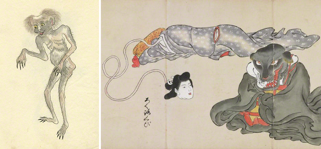 Edo-period portrayals of a kappa (left) and a rokuro-kubi (snake-necked woman) with an inu-gami (dog spirit). (Courtesy International Research Center for Japanese Studies)