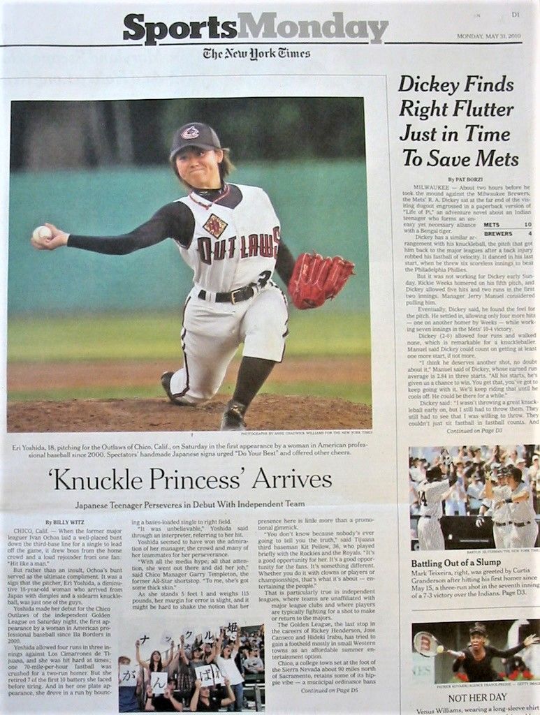 In 2008, high school knuckleball pitcher Yoshida Eri became the real-life Mizuhara Yūki when she signed for Kansai Independent Baseball League team Kobe 9 Cruise. Her subsequent transfer to US Golden Baseball League team the Chico Outlaws was reported by the New York Times. (© Kyōdō)