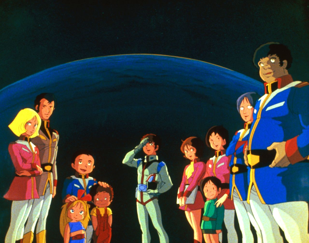 Amuro Ray (center) flanked by characters from Mobile Suits Gundam in a still image used during the ending credits of the show. (© Sōtsū/Sunrise)