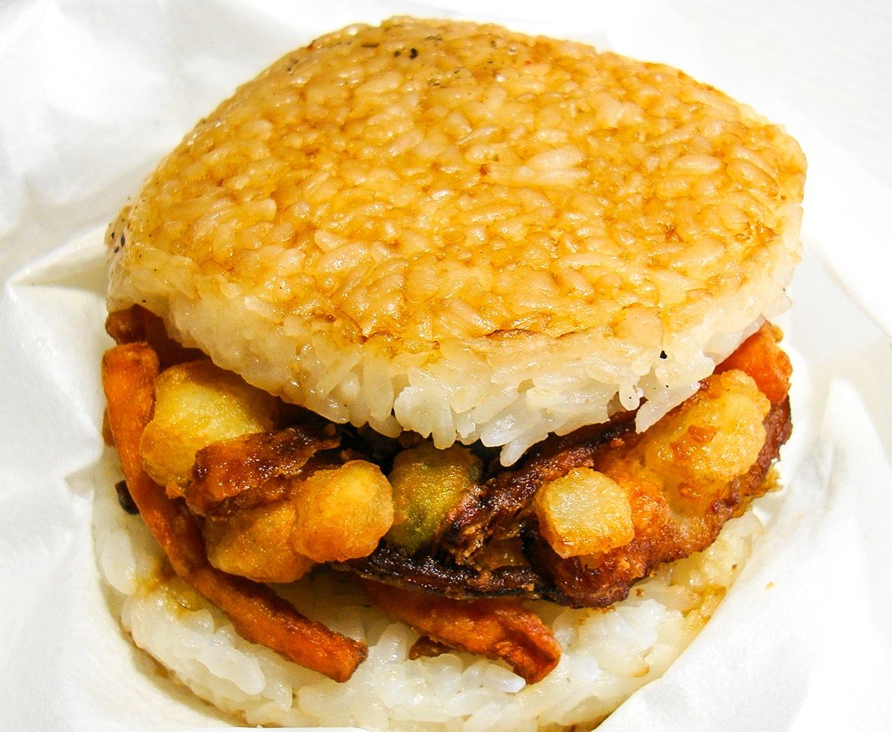 One of the many different types of rice burgers available from fast food chain Mos Burger.