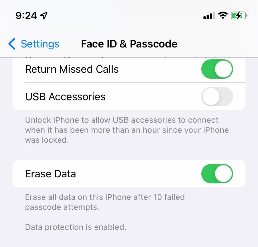 The Face ID and Passcode page in the iPhone settings menu: If “Erase Data” is selected, the contents of the phone will be deleted completely after 10 incorrect login attempts.