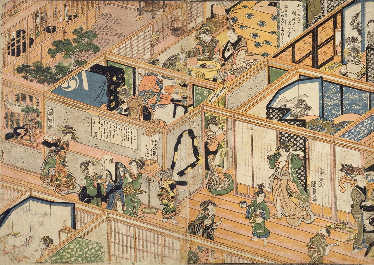 Yoshiwara yūkaku shōka no zu (A Yoshiwara Brothel) shows a lively scene on the second floor. (Courtesy National Diet Library)