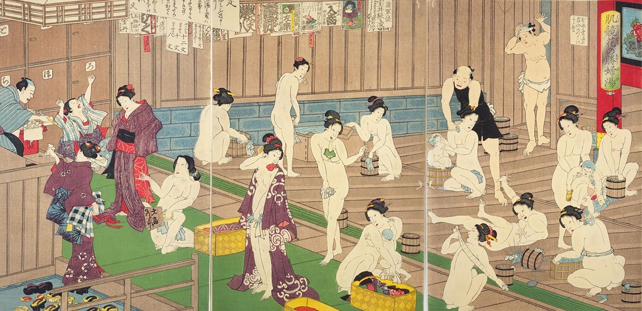 Hadakisoi hana no shōfuyu (Naked Flower Rivalry in the Women’s Bath) by Toyohara Kunichika (1868) shows an imagined women’s bathhouse scene. In the upper right, a male attendant assists with washing. (Courtesy National Diet Library)