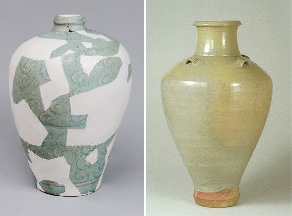 A celadon sake jar excavated from the ruins of a samurai mansion (left) and a four-handle porcelain jar uncovered from the ruins of Shinzenkōji. (Courtesy of the Kamakura Board of Education)