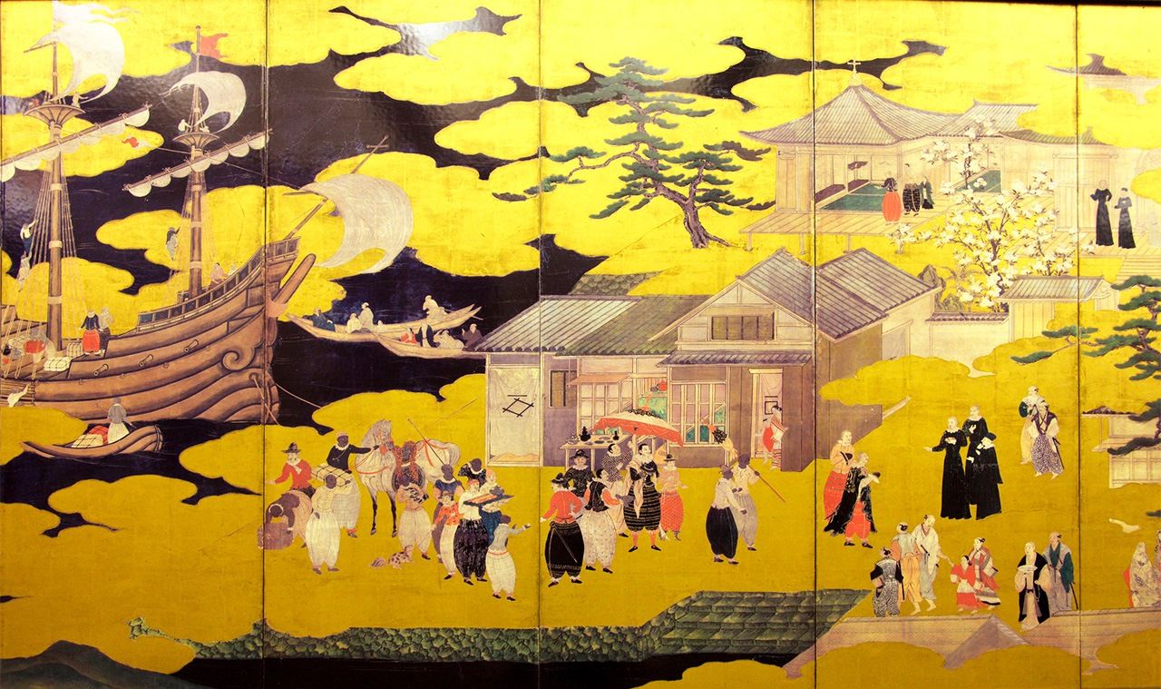 Detail of a folding screen showing a foreign ship in Japan. (© Paylessimages/Pixta)