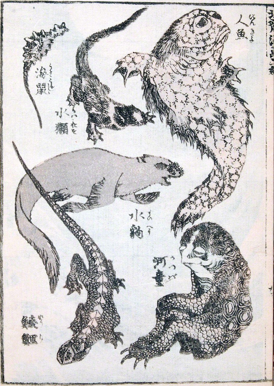 A kappa (bottom right) modeled on a turtle in Katsushika Hokusai’s Hokusai manga (Sketches by Hokusai). (Courtesy Hyōgo Prefectural Museum of History)