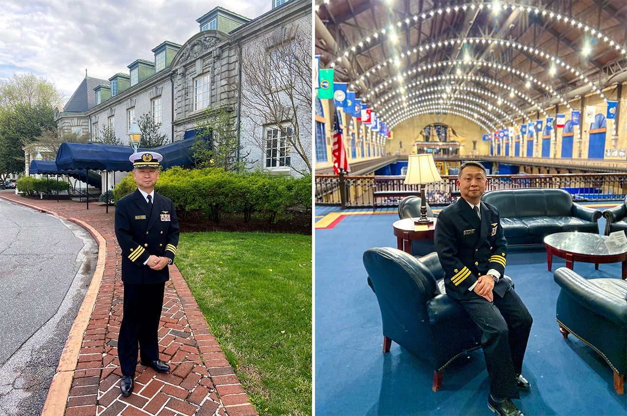 Maeyama in front of the Naval Academy’s Officers’ Club (left), and in the multipurpose Dahlgren Hall.