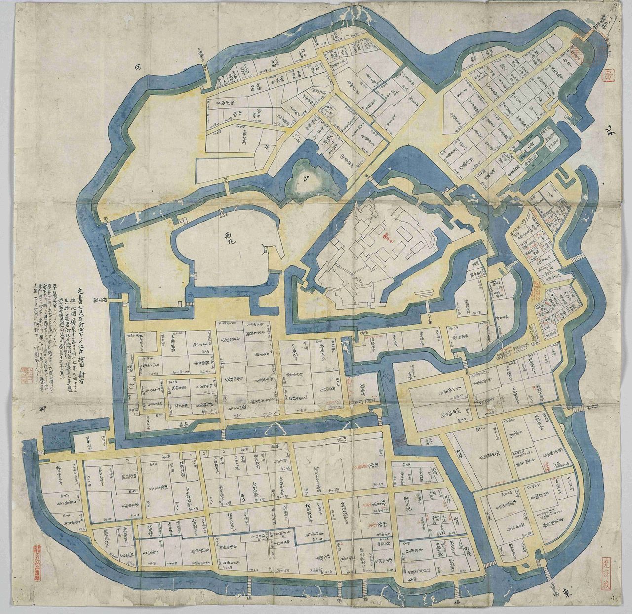A plan of Edo Castle in the 1608 Keichō Edo ezu (Illustrations of Edo in the Keichō Era [1596–1615]). It is thought to have been drawn shortly after the establishment of the shogunate, showing the castle and its environs. (Courtesy the Tokyo Metropolitan Central Library Special Collection Room)