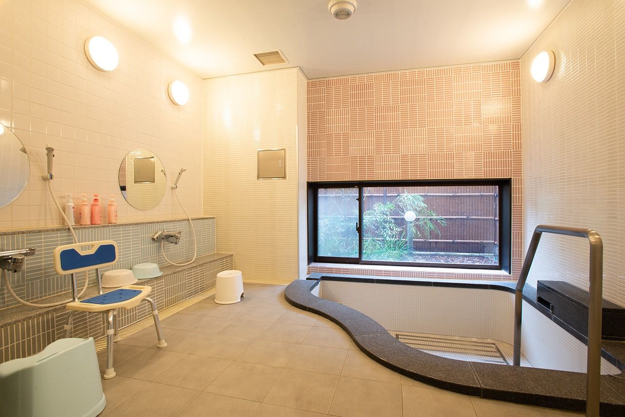 Parents often take advantage of the spacious communal bath to enjoy a long, solitary soak in the hot tub.