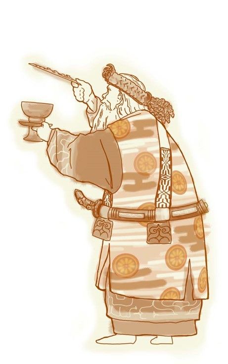 A man prays, holding in his right hand an ikupasuy, a ceremonial stick used when making offerings of alcohol to the gods. In his left hand is a lacquered sake bowl acquired through trade with Japan.