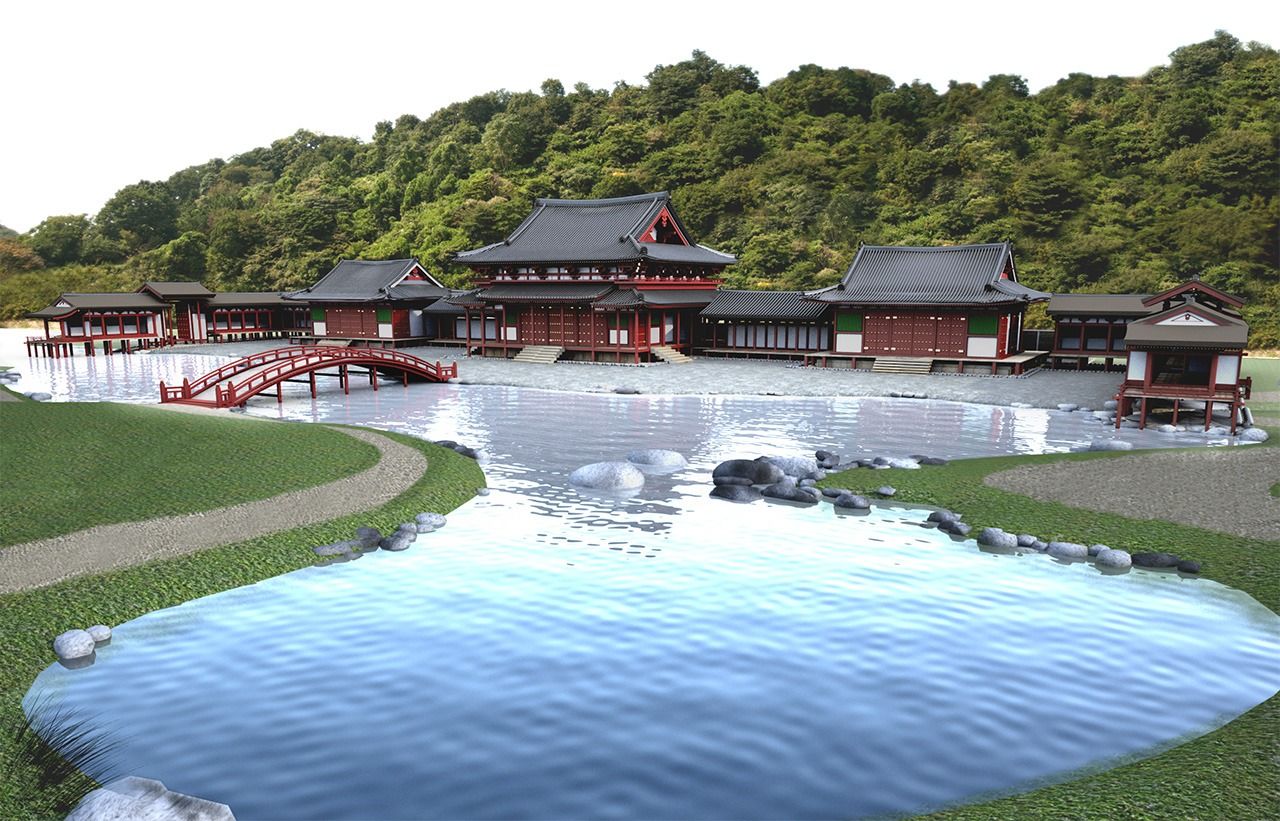 This computer-generated image shows the site as it might originally have looked from almost the same angle as the photo above. (Computer graphics by Nagasawa and Inoue Research Lab, Shōnan Institute of Technology)
