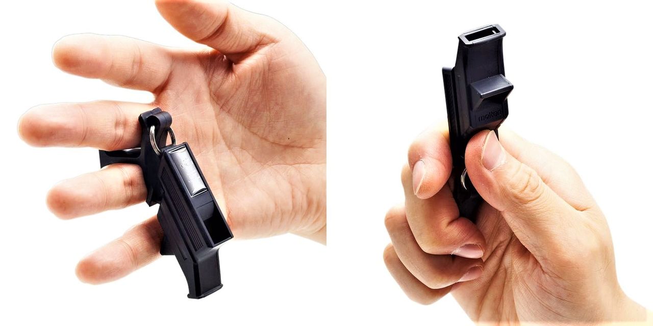 The flip-grip allows a referee to instantly flip the whistle into a usable position when held between the middle and ring fingers. (Courtesy of Molten)
