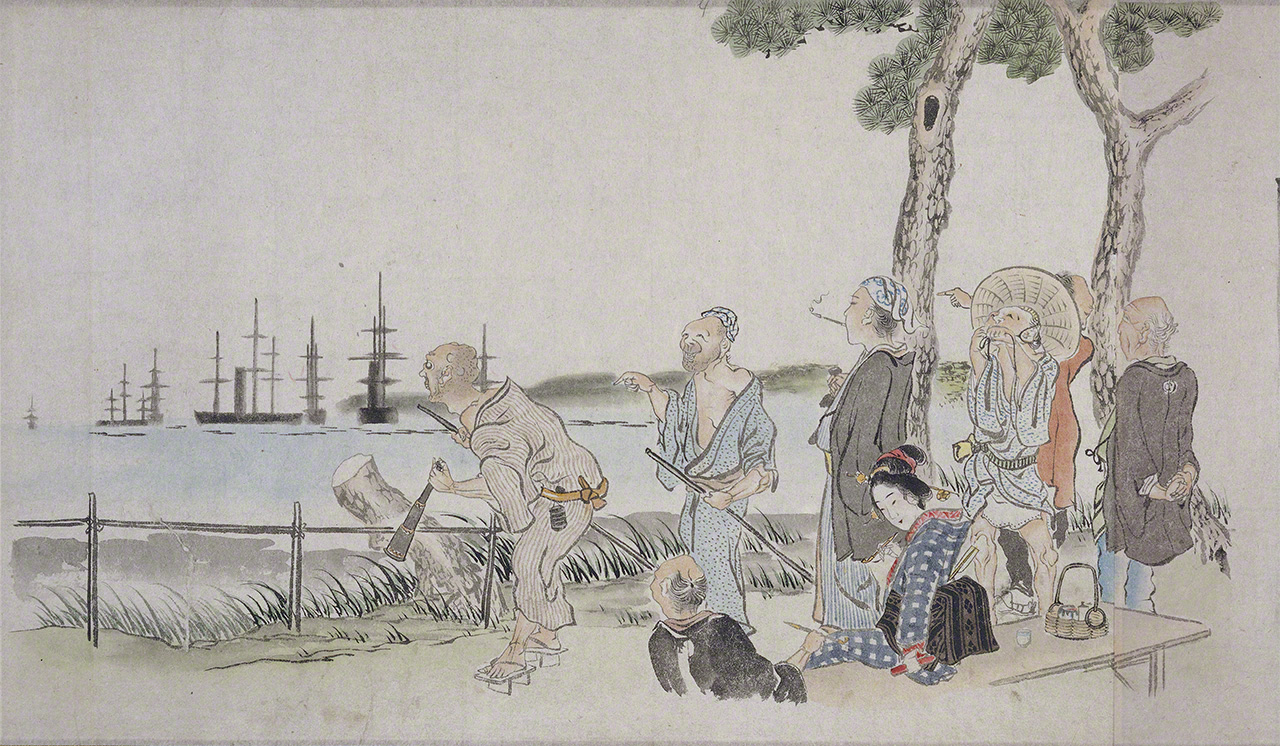 People viewing the ships from the village of Koyasu (now part of Yokohama). From Kurofune raikō fūzoku emaki (Picture Scroll of Customs Around the Arrival of the Black Ships). (Courtesy Saitama Prefectural Museum of History and Folklore)