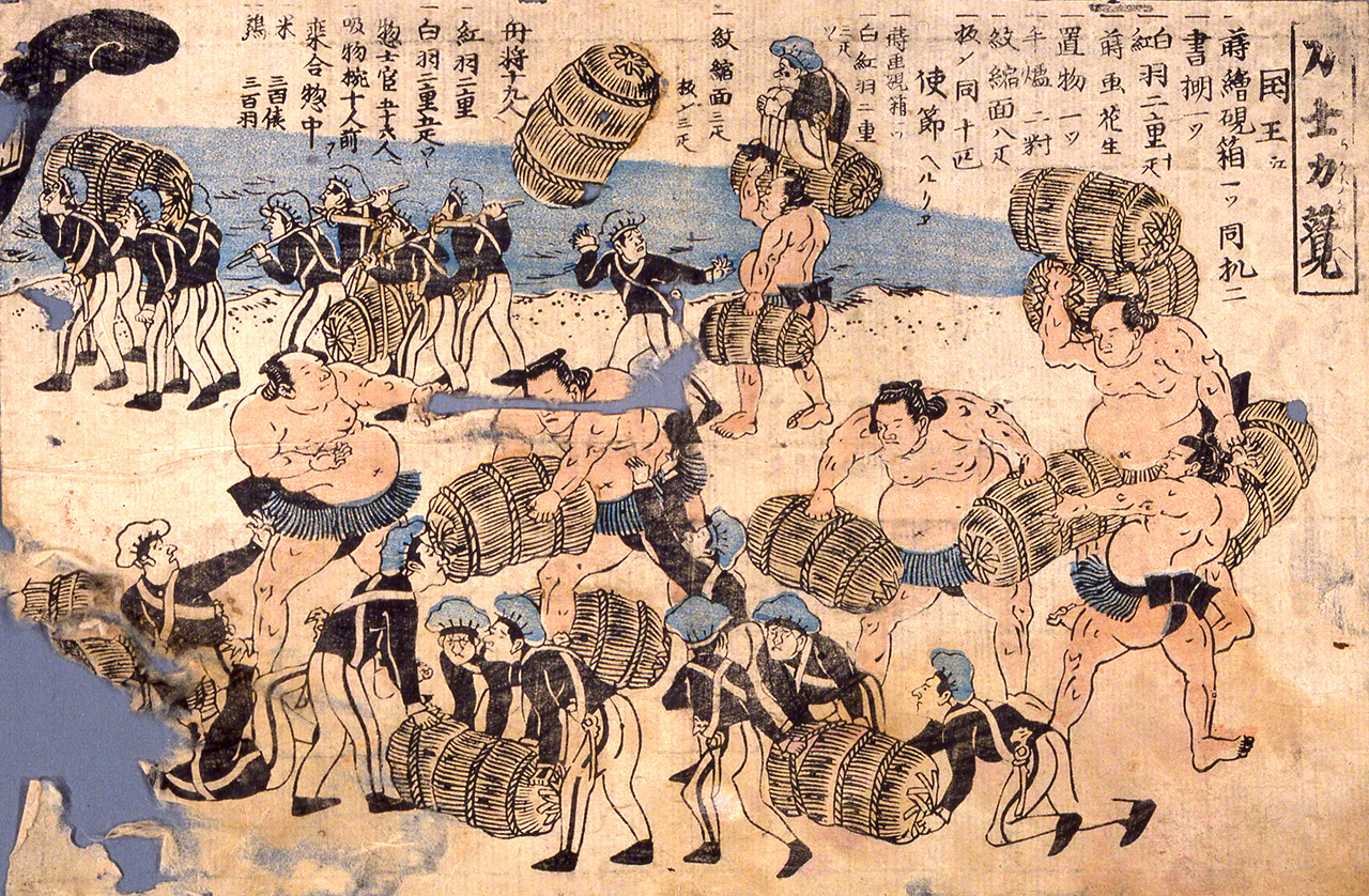 The rikishi depicted in the kawaraban, performing feats of strength. (Courtesy Yokohama Archives of History)