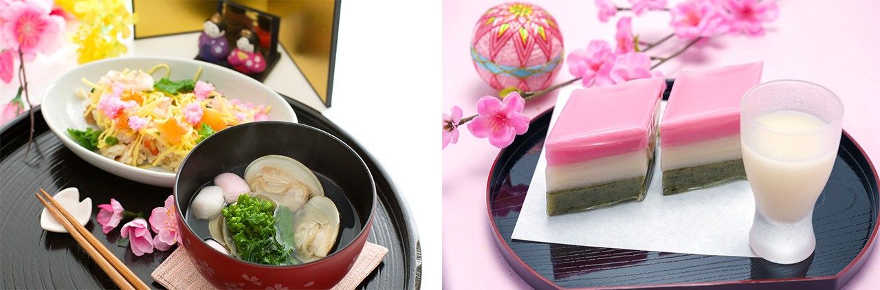 Clear hamaguri clam broth served with chirashizushi (left). Hishimochi and shirozake.