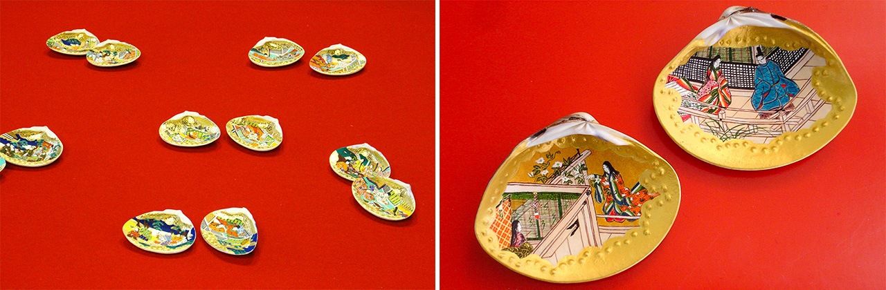 Kaiawase shells (left), illustrated with scenes from The Tale of Genji. The shells on the right show Yūgao. (© Photo Library)