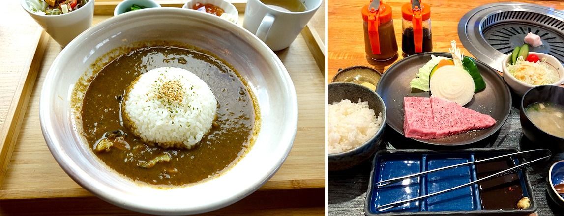 People love the chewy texture of the sazae turban shell curry (left), developed by the product development trainees, and Oki’s renowned beef (right). With the decline in public works, a local construction company has entered the livestock industry. (© Mochida Jōji)