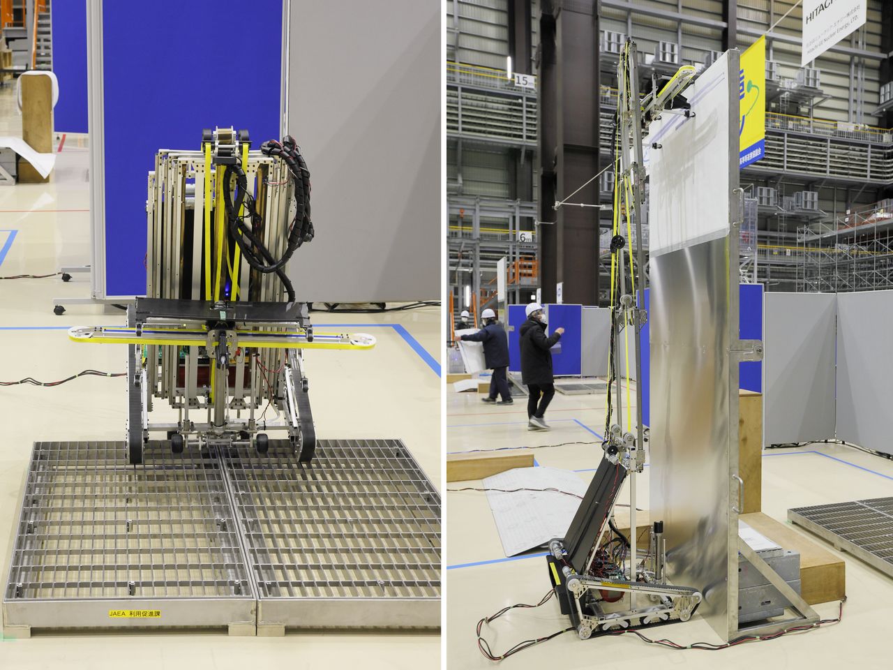 Left: The robot of the National Institute of Technology, Maizuru College (Kyoto) team clears the grating obstacle on a test run. Right: A robot that has reached the decontamination area extends its ladder-like arm to raise a pen used to color in a piece of imitation vellum in a way that is similar to actual surface decontamination work. (© Yamada Shinji)