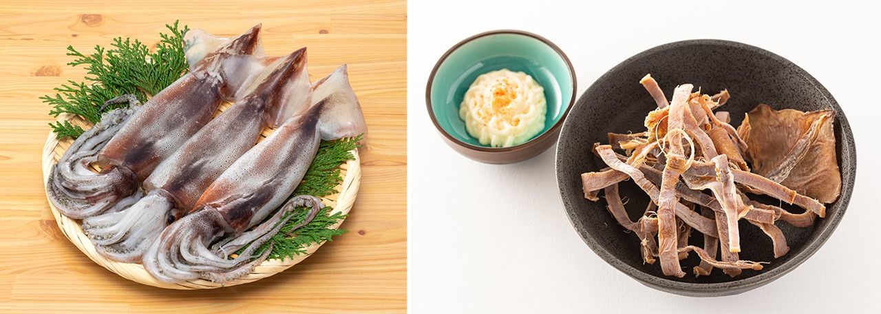 Japanese flying squid (left) and atarime, which is thinly sliced and lightly grilled squid, here served with mayonnaise and chili (© Pixta)