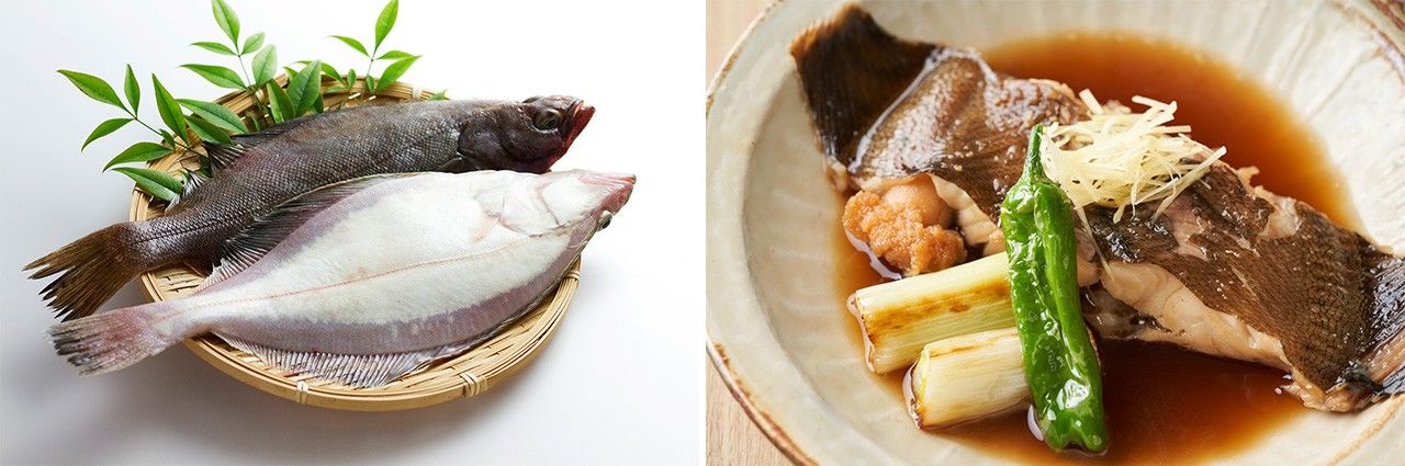 Karei (flounder) (left), and boiled in soy sauce. (© Pixta)