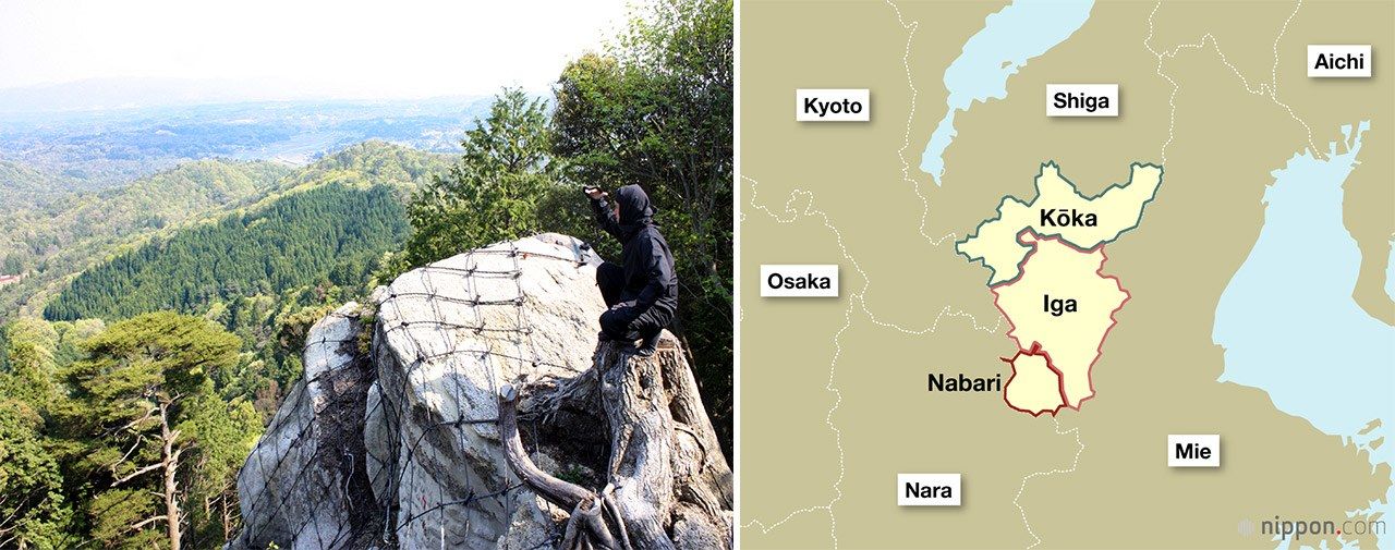 A modern-day ninja strikes a pose on Mount Iwao in Kōka, Shiga Prefecture. The peak is reputed to have been a training spot for Kōka ninja. (Courtesy Agency for Cultural Affairs; © Jiji) The map shows the cities where ninja were formerly active, along with surrounding prefectures.