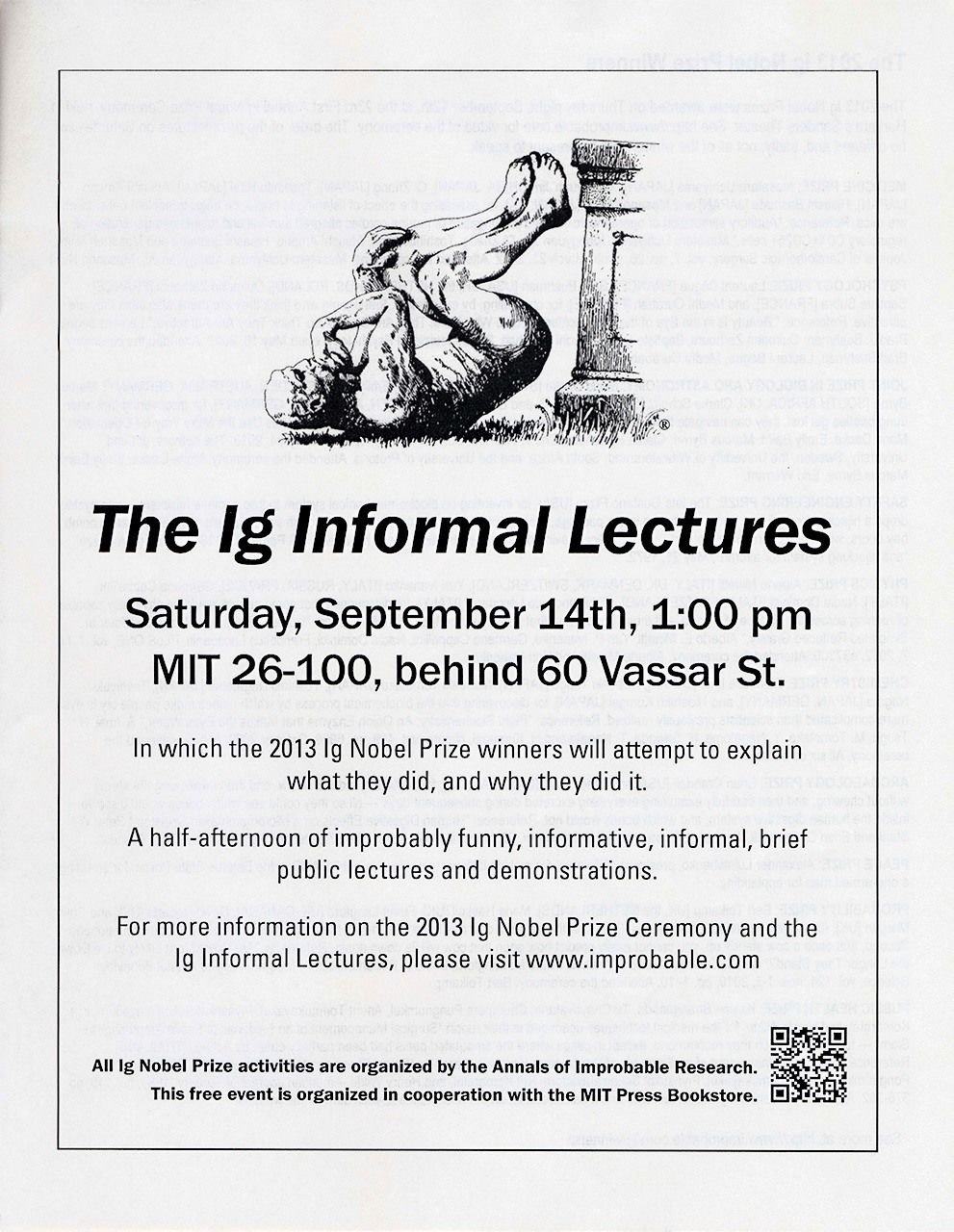 A leaflet advertising Ig Nobel lectures at the Massachusetts Institute of Technology, the day after the ceremony. (Courtesy Uchiyama Masateru)