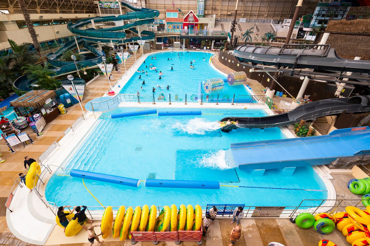 The water park’s massive main pool is kept at a comfortable 30 degrees Celsius year round.