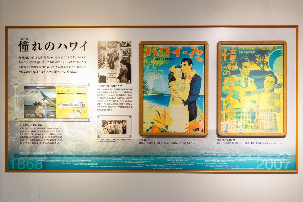 A display highlights the draw of the Hawaiian Islands for Japanese in the early postwar period.