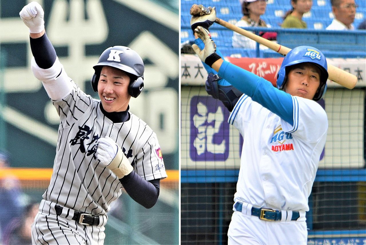 Left: A young Yoshida plays in a game at Kōshien Stadium in Hyōgo Prefecture on March 28, 2010. While at Tsurugakehi High School in Fukui Prefecture, he batted cleanup and played in both the spring and summer national high school championships. Right: Yoshida warms up for Aoyama Gakuin University in a game at Meiji Jingū Stadium, Tokyo, on October 5, 2015. He served as the team’s cleanup hitter throughout his college career. (© Jiji)
