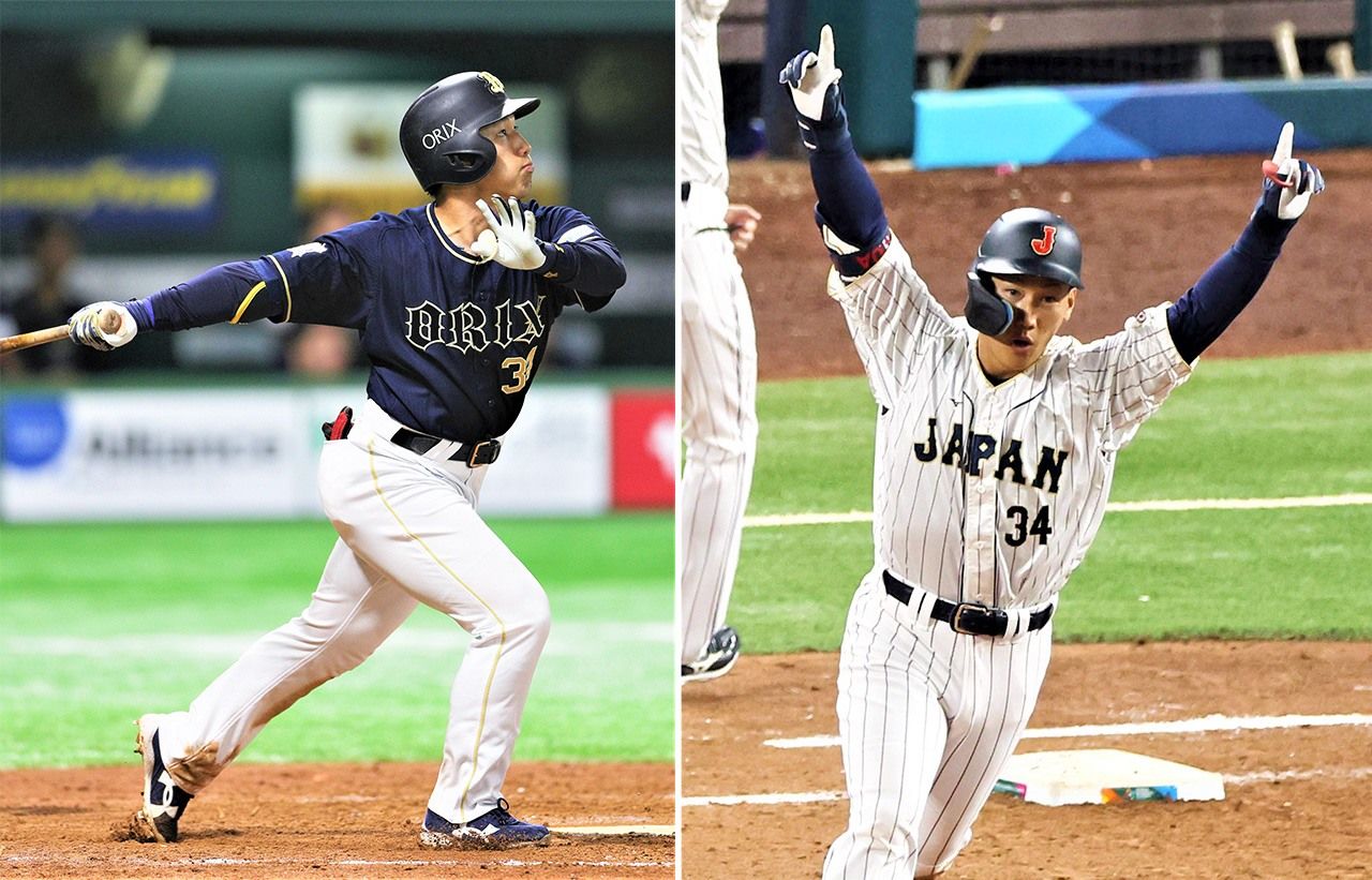 Left: Yoshida during a game at Fukuoka Dome on May 5, 2018. That year with the Buffaloes he bat .321 and hit 26 home runs in 143 appearances. Right: Yoshida celebrates his three-run homer in the semifinal of the World Baseball Classic against Mexico in Miami on March 20, 2023, to put Japan back into the game. His performance at the tournament earned him praise as the “unofficial MVP.” (© Jiji)