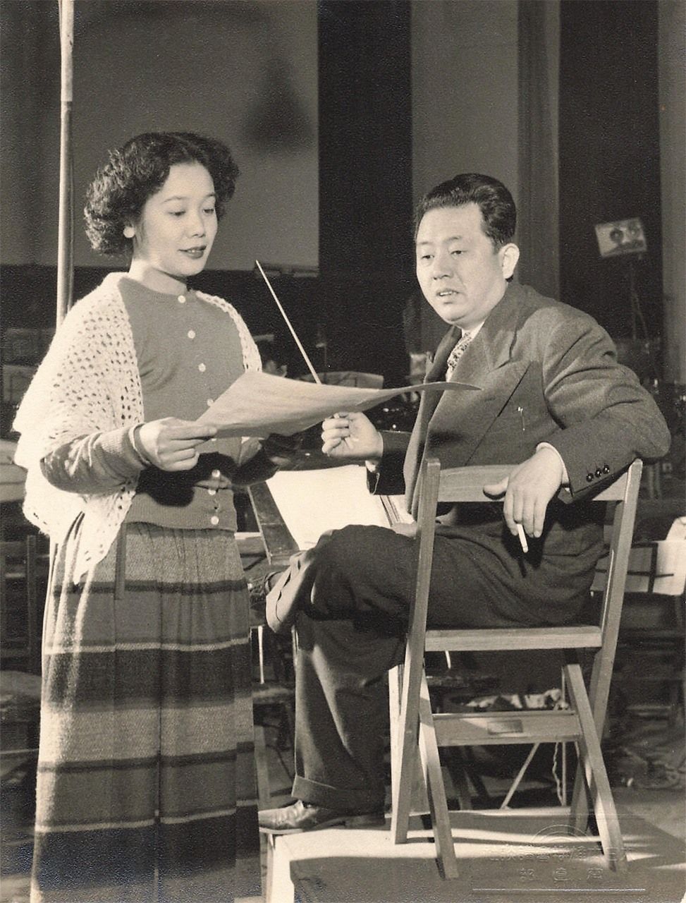 Singer Kasagi Shizuko working with songwriter and conductor Hattori Ryōichi. (Courtesy Hattori Music Publishers)