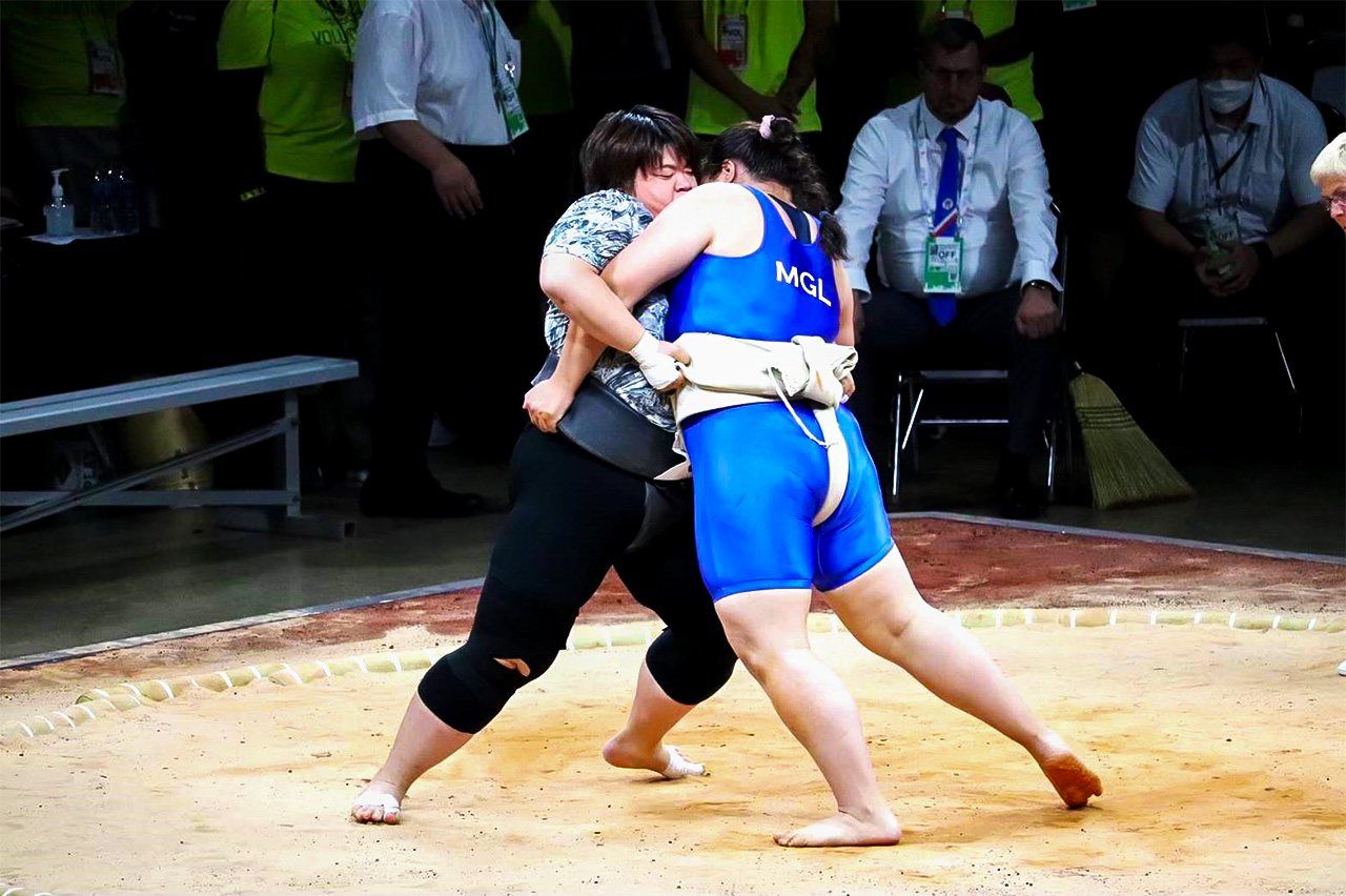 Hisano facing the Mongolian representative at the World Games 2022 in Birmingham, Alabama. Hisano is now working to build muscle mass to better face larger competitors from overseas. (Courtesy Hisano Airi)