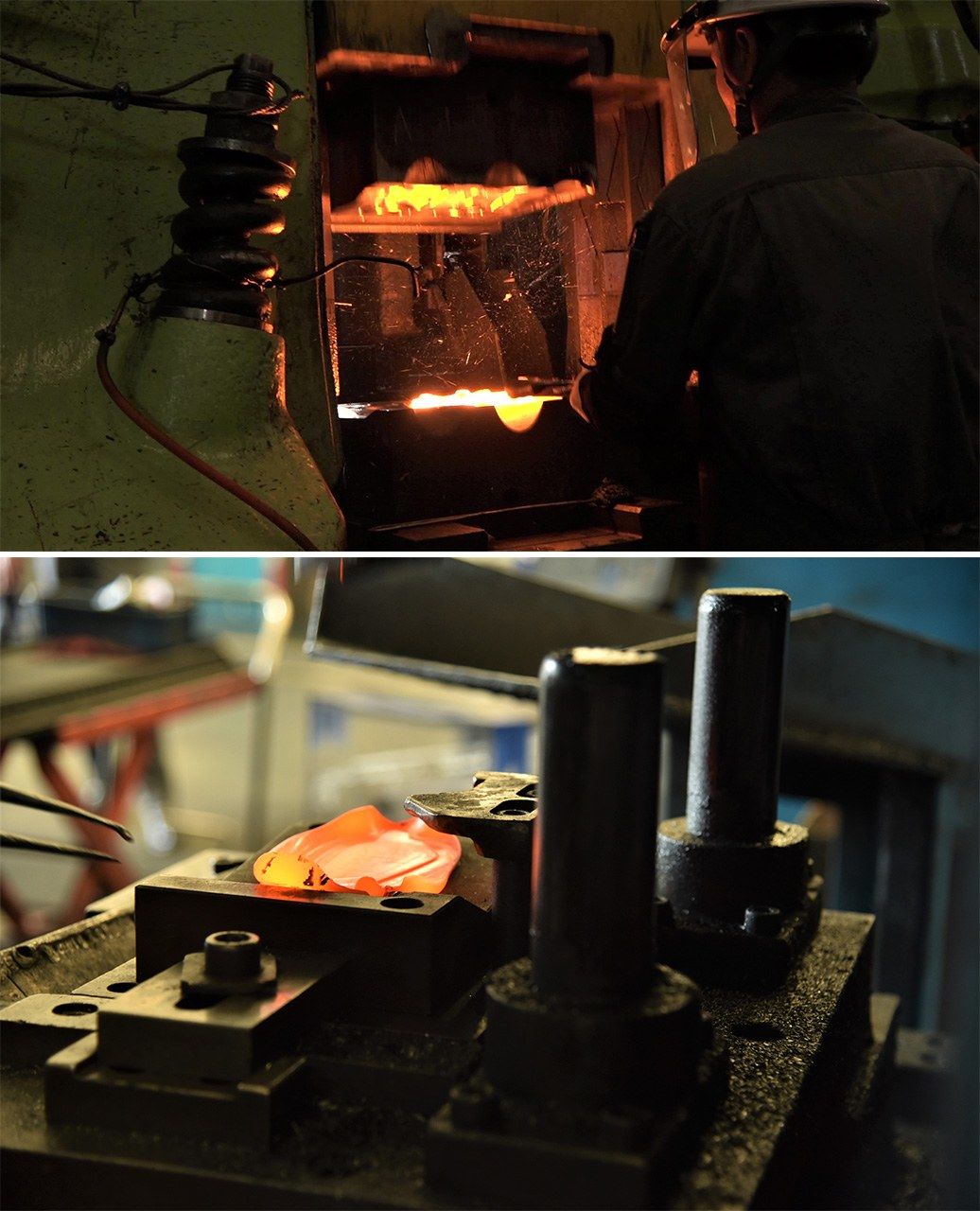 Making clubheads using a forging air hammer (top) and a forging press. Forging depends upon fashioning clubheads using a precise mold. (Courtesy of Endō Manufacturing)